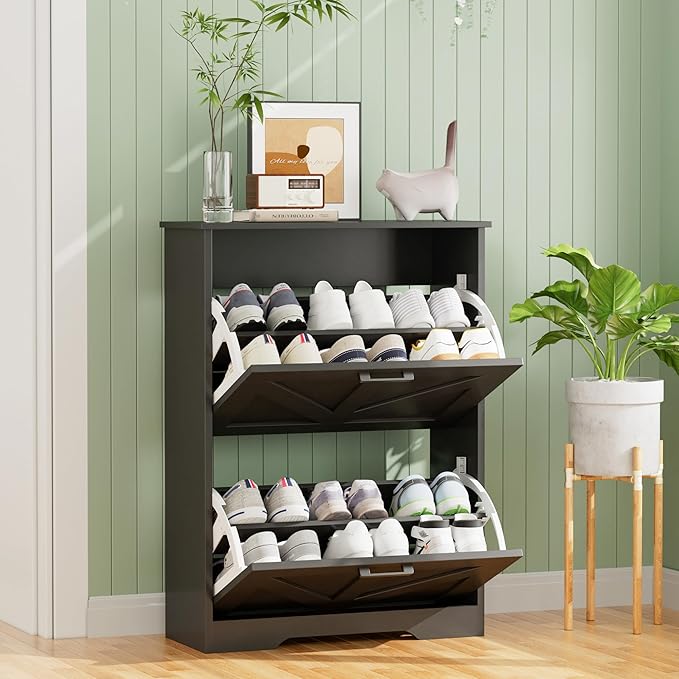 Homleke Farmhouse Shoe Cabinet for Entryway with 2 Barn-Style Flip Drawers, Narrow Shoe Storage Organizer with Top Display Shelf, Adjustable Shelves, Shoe Rack for Hallway, Closet- (Black, 24" Wide)