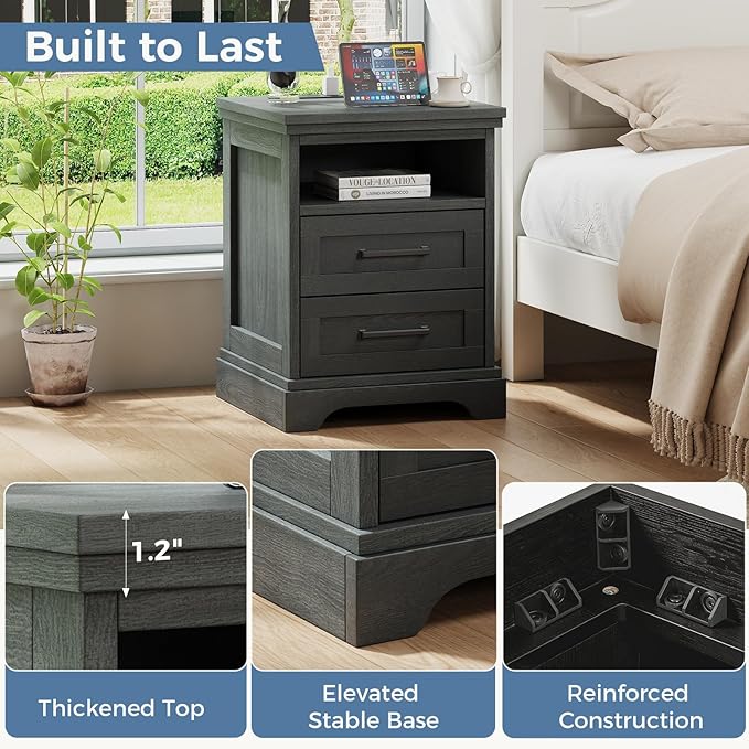 DUMOS Nightstand with Charging Station, Wood Farmhouse Bedside Table with 2 Drawers and Open Shelf, Wood End Table, Modern Side Table for Bedroom, Black