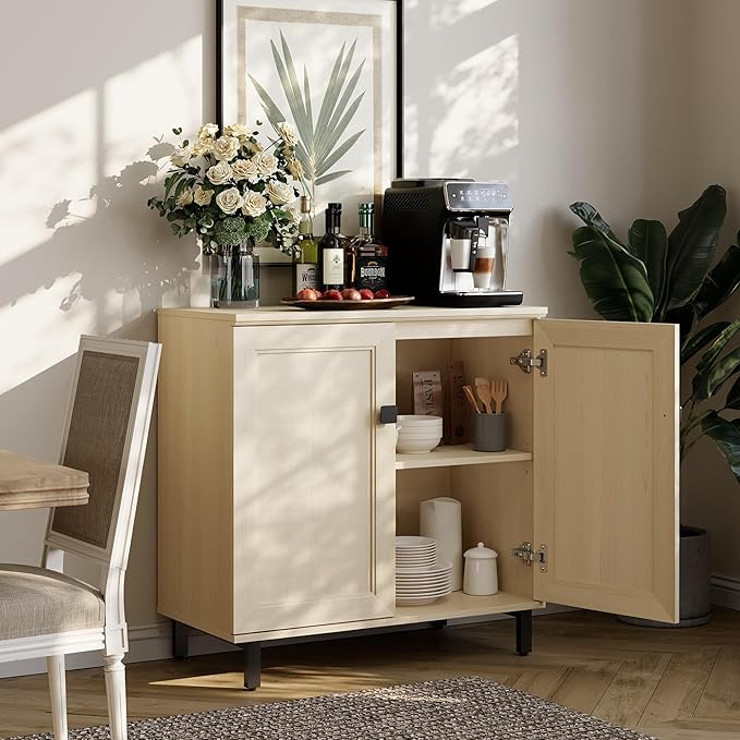 FENSULN Multifunctional Buffet Sideboard Cabinet Farmhouse Modern Storage Cabinet with Adjustable Shelves for Kitchen, Coffee Bar, Living Room, Beige