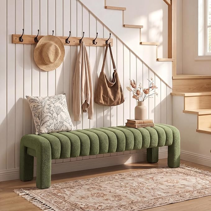 63’’ Bedroom Bench, Upholstered End of Bed Bench with Solid Wood Legs, Modern Cushioned Dining Bench with Full Covered Fabrics for Entryway, Bedroom, Living Room (Green, Boucle)