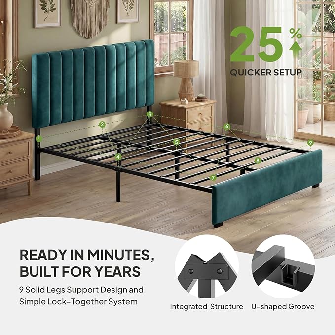 Welzona Full Size Velvet Bed Frame with Headboard, Fully Upholstered Metal Platform Bed with Vertical Channel Tufted Headboard, 3-Level Height, Metal Slat Support, Noise-Free Easy Assembly, Green