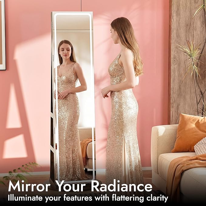 Zamildon's LED Mirror Jewelry Armoire, 360° Swivel Mirrored Jewelry Storage Cabinet with Interior LED Lights, Full Length Mirror Floor Standing Jewelry Organizer with Storage Shelves (Rustic Brown)