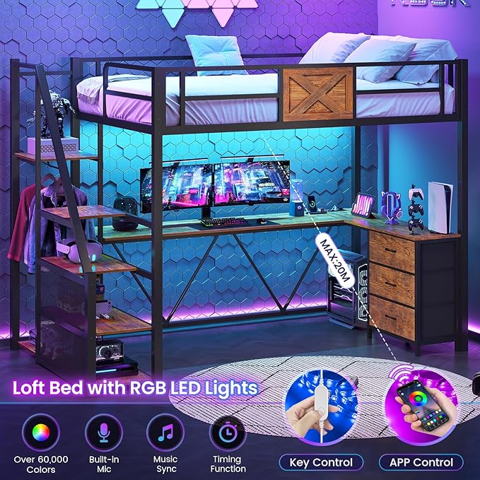 Itaar Stairway Twin Size Loft Bed with L Shaped Desk and Wardrobe, Metal Loft Bed Frame with Storage Stairs, 3 Fabric Drawers, LED Lights & Charging Sation, Rustic Brown