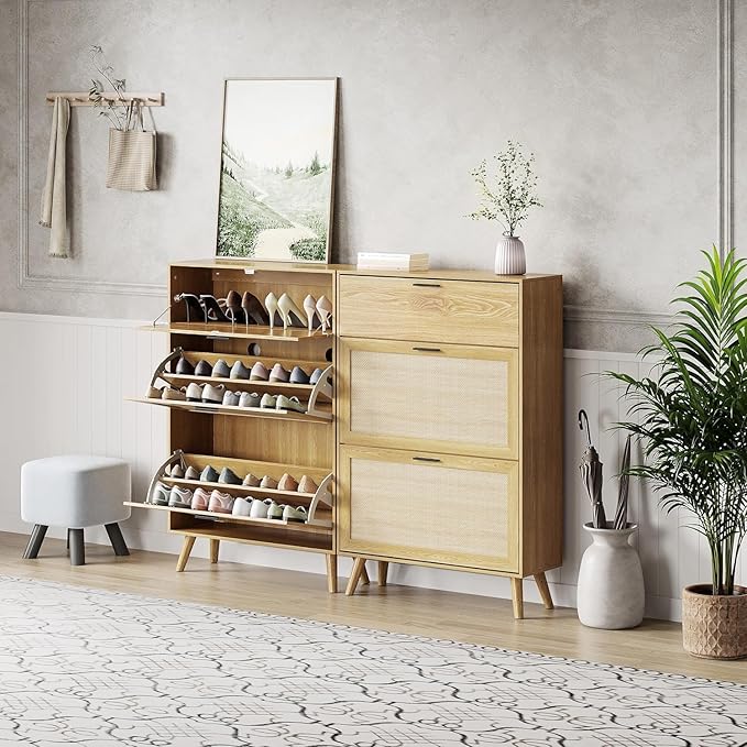 MU Natural Rattan Shoe Cabinet, Entryway Shoe Cabinet with 2 Flip Drawers and Hidden Cabinet, Boho Shoe Organizer Cabinet, Wooden Shoe Storage Cabinet for Entrance, Hallyway, Natural