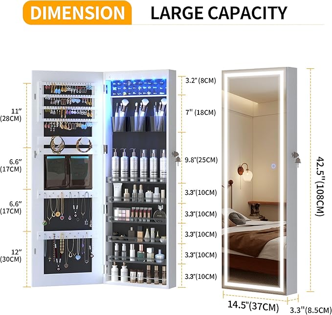 LVSOMT LED Mirror Jewelry Cabinet Door Hanging, Wall Mounted Jewelry Mirror Organizer Full Length, Lockable Jewelry Armoire, Large Capacity, for Small Space Bedroom, Gift for Women, White