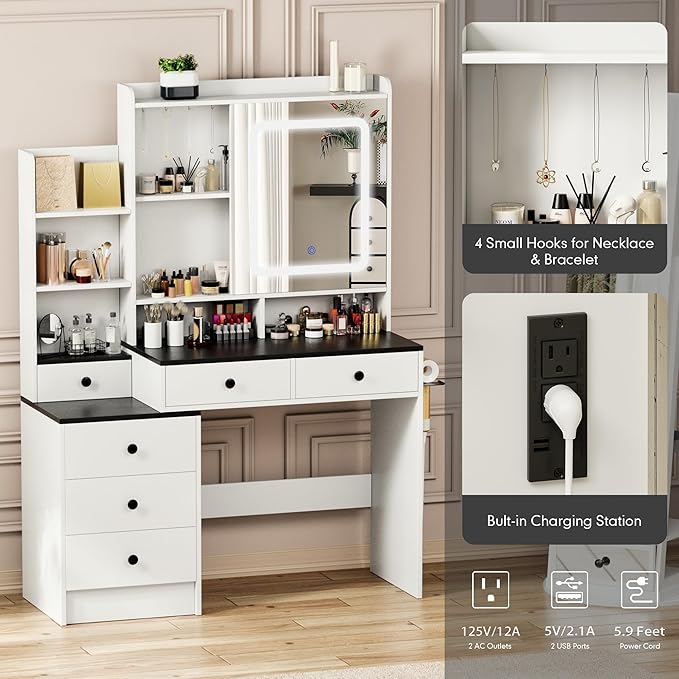 KAMABOKO Vanity Desk with Lighted and Mirror, White Makeup Table with Drawers and Charging Station, 3 Model Adjustable for Bedroom & Dressing Room (042 Black)