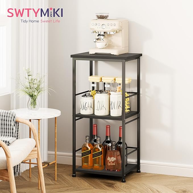 SWTYMIKI Coffee Bar Cabinet for Home - 3-Tier Sturdy Farmhouse Coffee Stand Station Multi-Purpose Buffet Sideboard - Kitchen Bar Table for Living Room, Corner, Small Space, Black