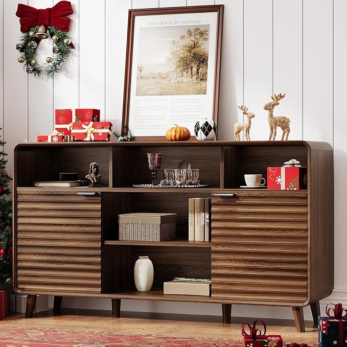 58 Inch Curved Sideboard Buffet Cabinet w/2 Wave Doors and Open Storage Spaces, Angled Side Frame, Sideboard Storage with Adjustable Shelves, Coffee Bar Cabinet for Kitchen, Living Room, Walnut