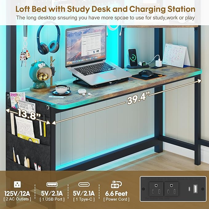 BYSAUD Loft Bed with Desk, Loft Bed Twin Size with 6 Storage Drawers & 4 Storage Shelves,Twin Loft Beds with LED Lights & Charging Station, Bunk Bed with Safety Guard, No Box Spring Needed, Brown