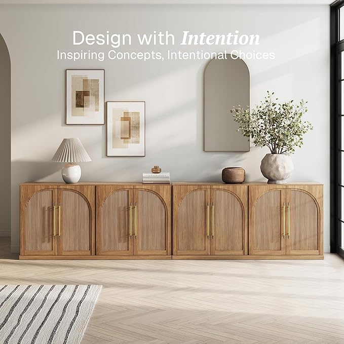 BELLEZE Set of 2 65" Sideboard Cabinet with Double-Arc Wood Doors, Large Buffet Cabinet with Storage and Adjustable Shelves, Classic Modern Console Table for Dining Room Living Room Entryway (Camel)