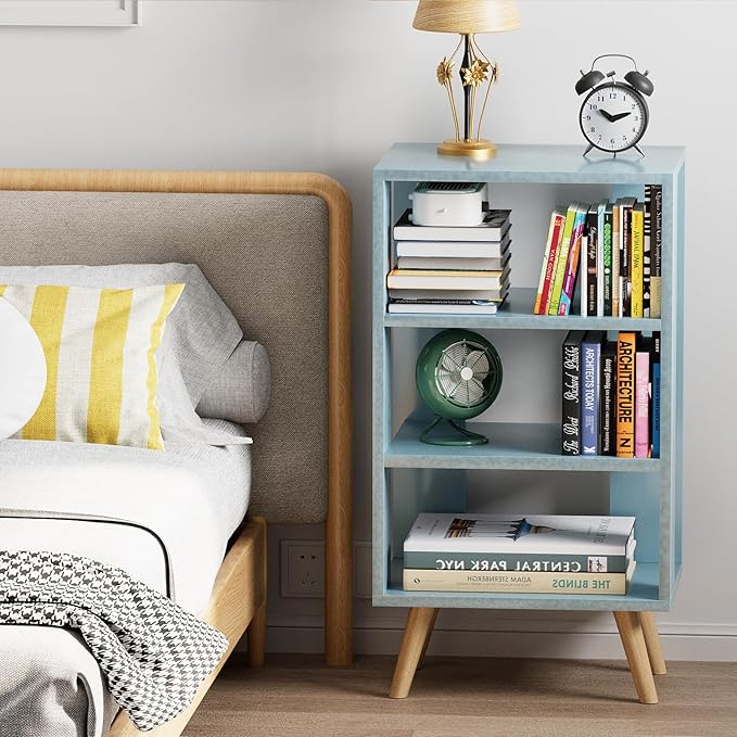Aenuert Night Stand, Blue Nightstand, Modern End Table with Open Storage, 3-Tier Nursery Bedside Table for Small Space, Living Room, Bedroom