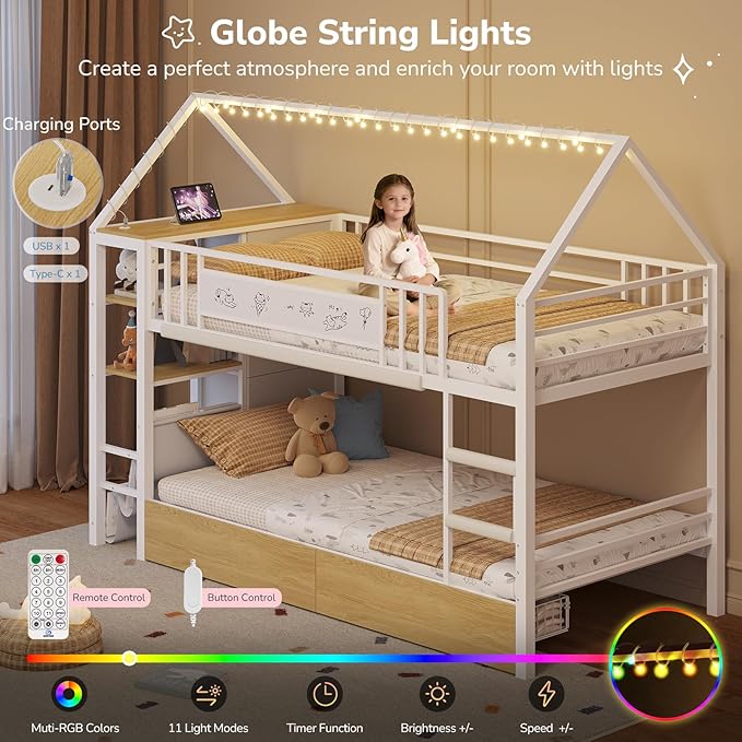 Twin Bunk Bed for Kids with 6 Storage Drawers, Montessori Bookshelf, House Shaped Bed with Globe String Lights and USB Ports, Metal Low Bunk Bed Twin Over Twin with Safety Guardrail and Ladder, White