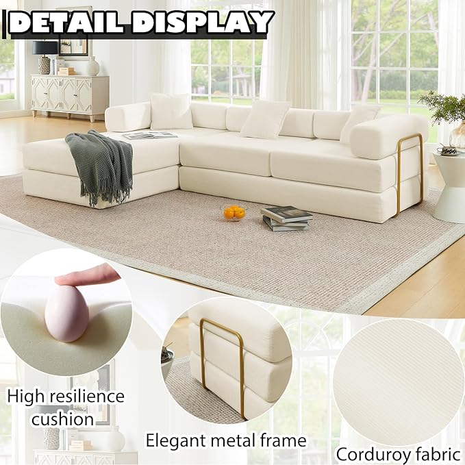 HANXIN 108" Modular Sectional Sofa, Futon Convertible Sofa Bed,Oversized Corduroy Boneless Couch for Living Room,Floor Loveseat Sleeper with Pull Out Bed,Free Combination,No Assembly Required (Beige)