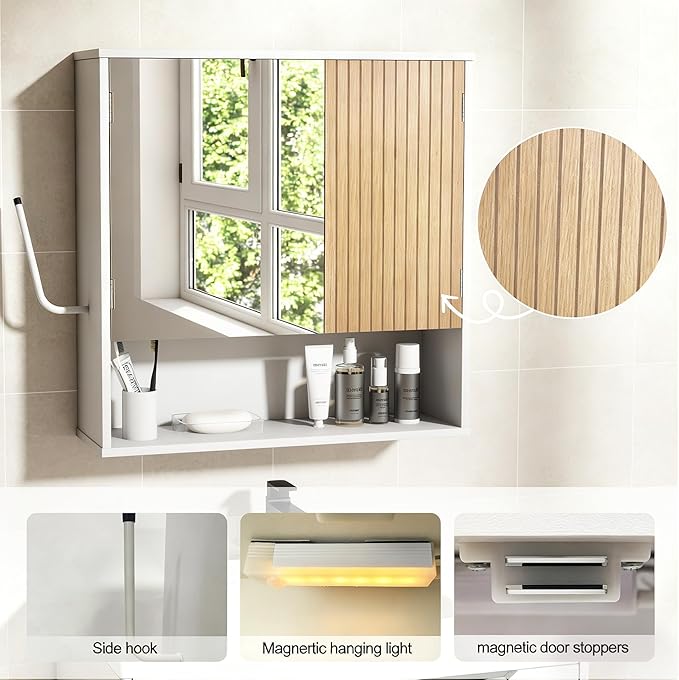 Bathroom Wall Cabinet With Mirror,wall mounted bathroom cabinet,Medicine Cabinet with 2 Door ,Side Hook,Light and Adjustable Shelves,White Cabinet with Wood Grain,Over The Toilet Space Saver Cabinet.