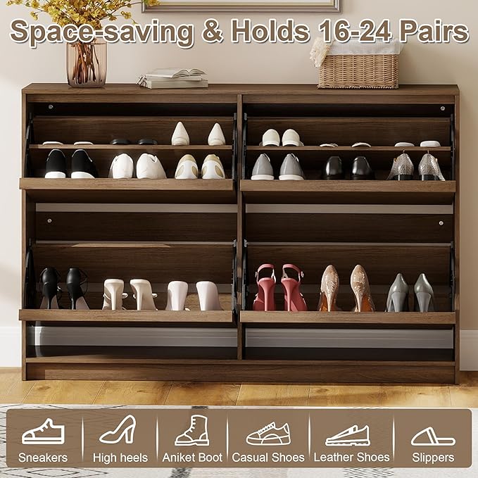 Shoe Storage Cabinet for Entryway with 4 Flip Drawers, Wooden Shoe Organizer Cabinet with Adjustable Shelf, Slim Freestanding Shoe Rack for Entryway, Hallway, Living Room, Walnut