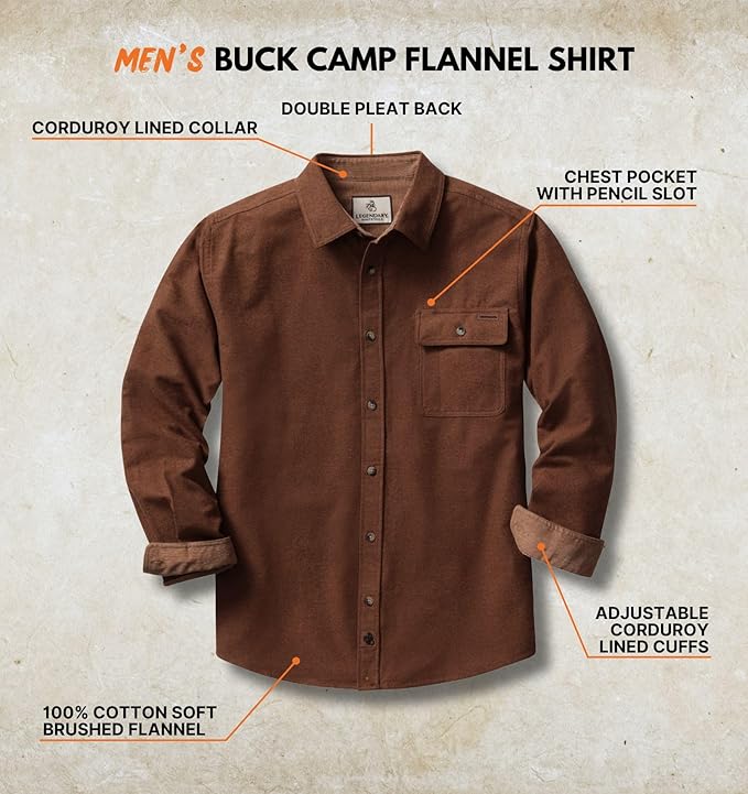 Legendary Whitetails Mens Long Sleeve Button Down 100% Cotton Flannel Shirt