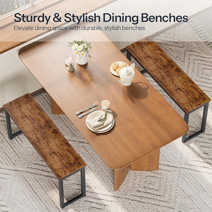 HOOBRO Dining Benches, Pair of 2 Industrial Style Indoor Benches, Durable Metal Frame, for Kitchen, Dining Room, Living Room, Rustic Brown BF01CD01