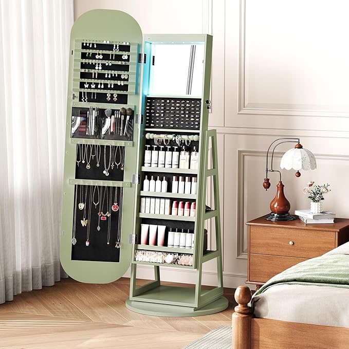 360° Swivel Jewelry Mirror Cabinet with Lights, Inside Makeup Mirror, Standing Jewelry Armoire Organizer, Rotatable Full-Length Mirror with Jewelry Storage, Lockable with Back Storage Shelves (Green)