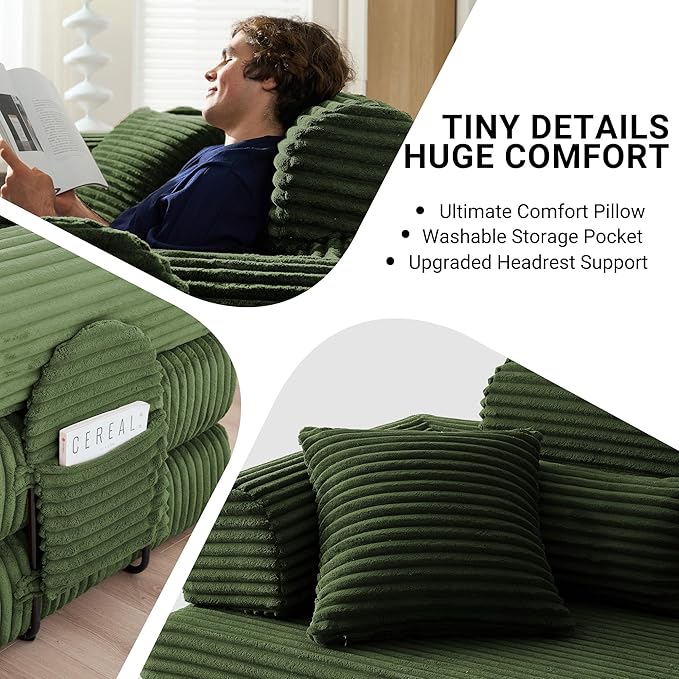 78.8" Convertible Sofa Bed with High Backrest Headrest, 5-in-1 Corduroy Boneless Couch with Side Pocket, Sleeper Loveseat Couch Bed Sectional Couches for Living Room, No Assembly, Light Green