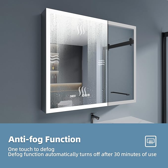 LED Medicine Cabinet Mirror, 36 x 30 Inch Inch Bathroom Storage, Recessed/Wall Mount, Plug-in/Hardwired, 3 Color Dimmable Light, Anti-Fog, Time Temp Display