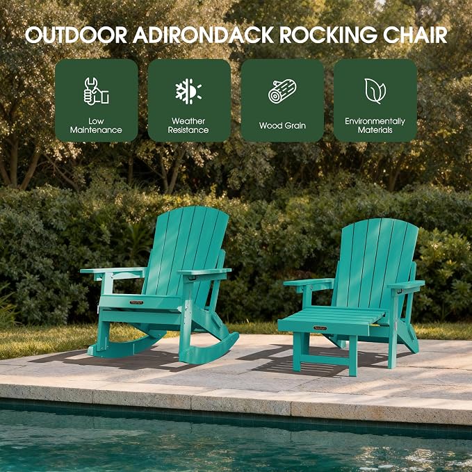 Adjustable Adirondack Rocking Chair Set of 2 with Retractable Ottoman Footrest, 4-in-1 Foldable HDPE Outdoor Rocker, Weather Resistant Adirondack Chair for Porch, Garden & Poolside, Lake Blue
