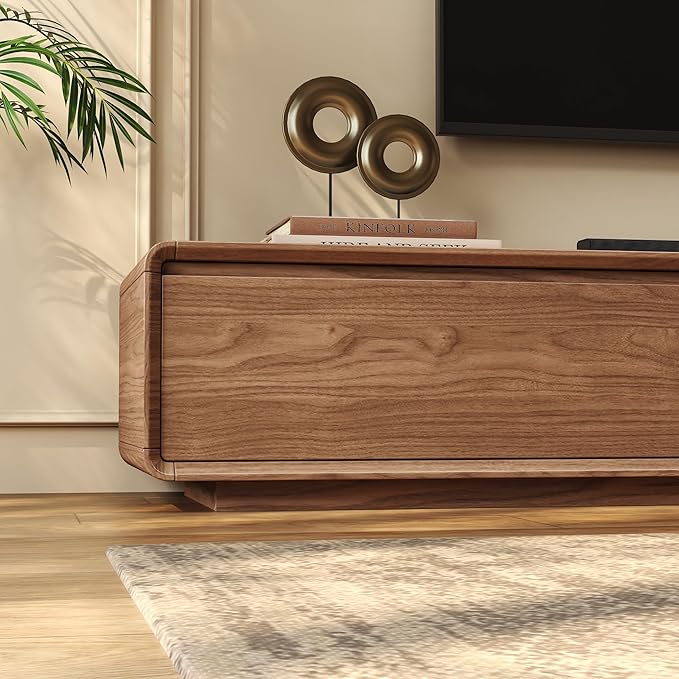 Wood Base TV Stand, Mid-Century Modern Media Console with 3 Storage Drawers, Fits 65–100 Inch TVs, Low Profile Entertainment Center for Living Room(Walnut, 94.49", Floor Standing (Wood Base))