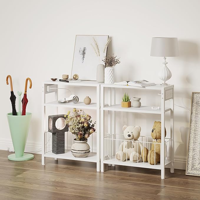 TRIFEBLE Narrow Side Table with Charging Station, Small End Table for Small Spaces, Slim Nightstand with Storage Basket, 3 Tier Skinny Bedside Table for Living Room, Bedroom, White