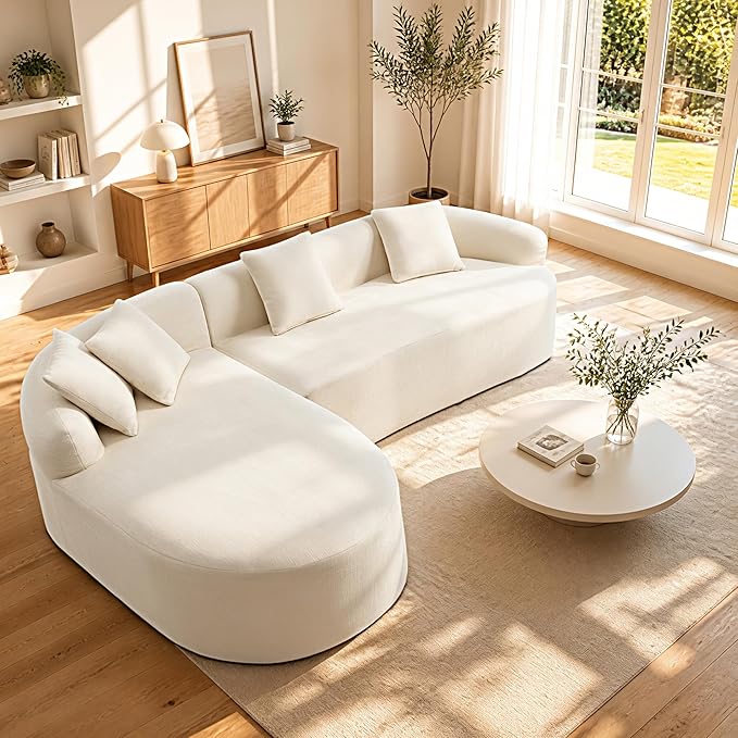 99" Curved Sectional Sofa with Chaise, Modern Boneless Couch with Deep Seat, L Shaped 3-Seater Cloud Couch for Living Room, No Assembly Needed, Chenille (Beige, Left Chaise+Right Sofa)