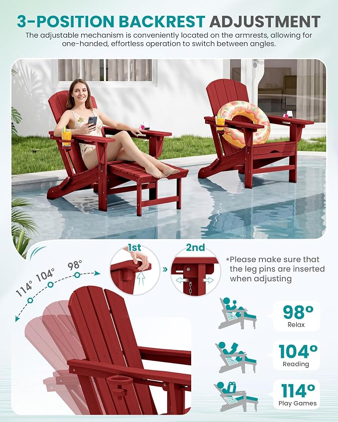 SERWALL Folding Adjustable Adirondack Chair with Footrest, HDPE Outdoor Chair with Dual Cup Holders, All Weather Adirondack Chair with Ottoman, Red