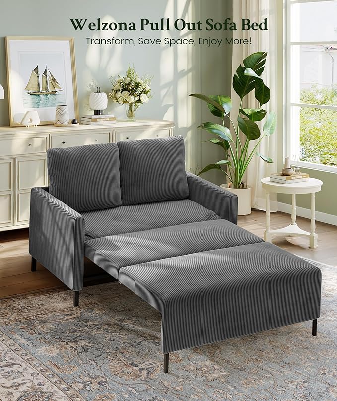 Welzona 47.2" Convertible Sofa Bed Couch, Comfy Corduroy Loveseat Sleeper Sofa, 620lbs Capacity Couch Bed, Easy Setup Love Seat Sleeper Bed 2 Pillow, Small Couches for Living Room/Office, Classic Grey