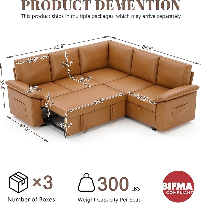 85 Inch Faux Leather Modular Sectional Sofa with Pull Out Bed, L Shaped 5 Seat Sectional Sleeper Sofa with Storage, Sectional Couches for Living Room, Cloud Modular Couch,Brown Leather