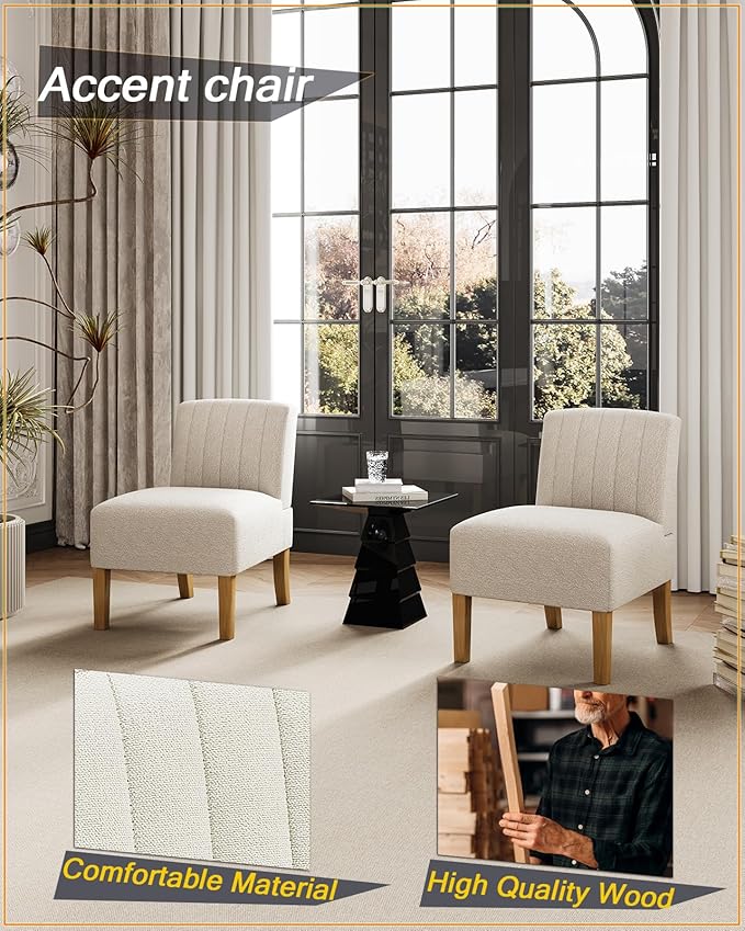 Armless Accent Chair for Bedroom, Modern Slipper Vanity Chair with Solid Wood Legs, Comfy Upholstered Bedroom Chair, Guest & Reading Chair - Beige