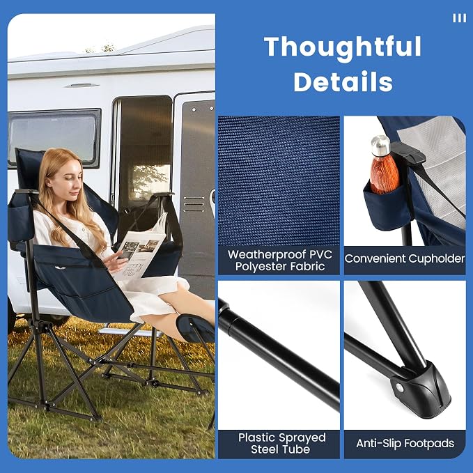 COSTWAY Folding Camping Chair, Portable Beach Chair with Retractable Footrest, Adjustable Back, Cup Holder & Carry Bag, Outdoor Lawn Patio Chair for Camping, Fishing, Hiking (Navy, 2 Pack)