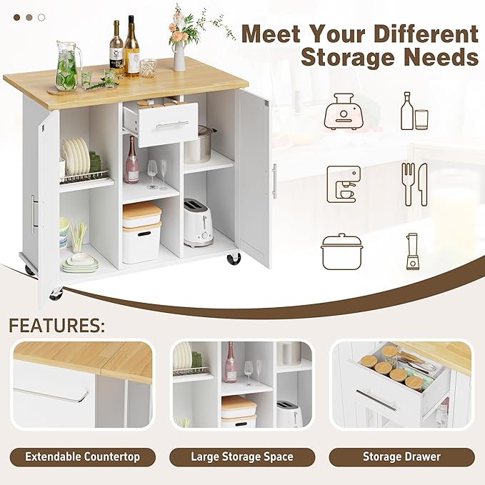Shintenchi Kitchen Island with Storage, Bar Cart Cabinet Island Table on Wheels, Rolling Microwave Cart for Kitchen with Drop Leaf, Drawers, Towel Rack, Seating Area for Dining Room, White
