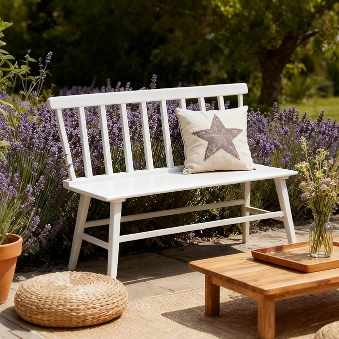 Bamboo Dining Bench, Entryway Bench with Spindle Back Farmhouse Wood Windsor for Foyer Balcony Living Room (White)