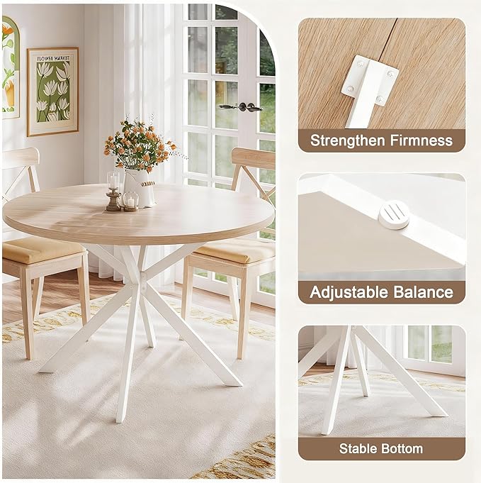 ChooChoo 47.2 Inch Round Dining Table for 4, Farmhouse Wood Kitchen Table, Circle Dinner Table for Kitchen & Dining Room, Natural Oak&White