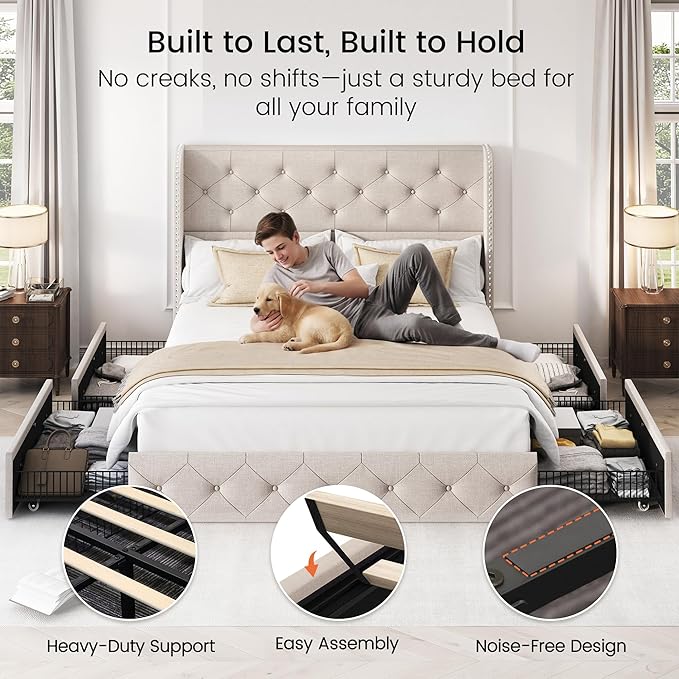 LARMACE Full Size Bed Frame with 4 Storage Drawers and Wingback Headboard Linen Upholstered Platform Bed Frame Tufted Beds with Wooden Slats Support, Easy Assembly, Beige