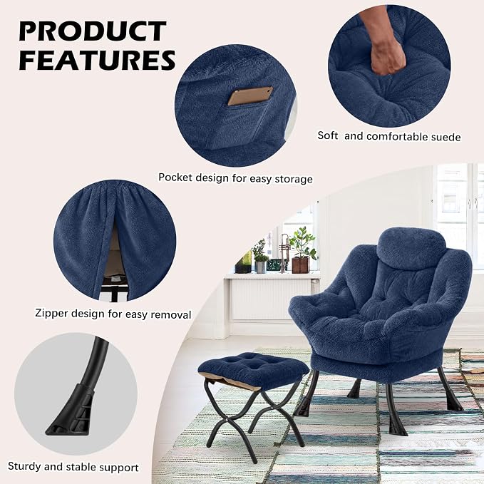 Lazy Chair with Folding Ottoman,Leisure Sofa Chair,Soft Fabric Armchair with Armrests and Side Pockets, Reading Chair with Footrest for Living Room, Bedroom, Office (Plush Navy)