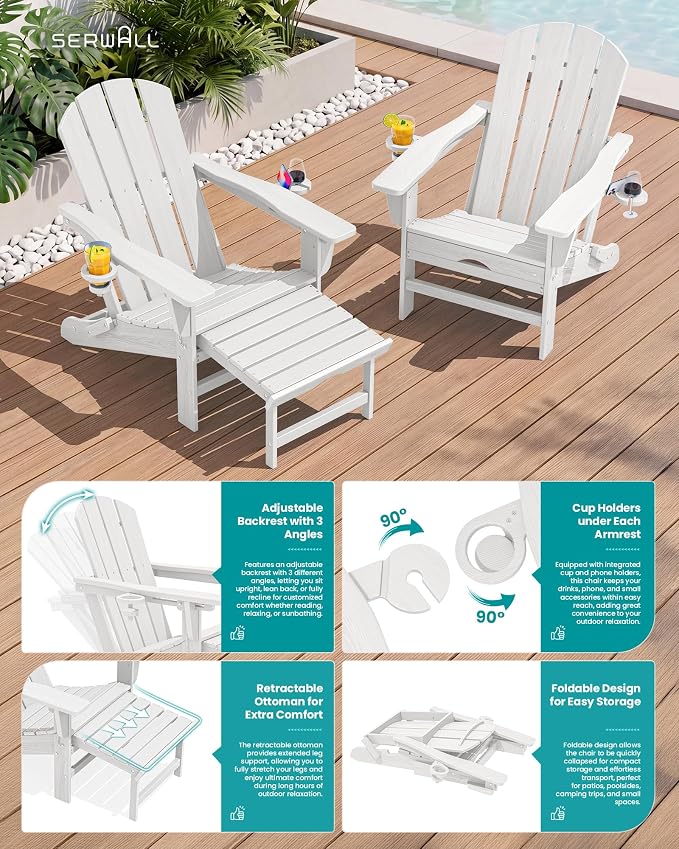 SERWALL Folding Adjustable Adirondack Chair with Footrest, HDPE Outdoor Chair with Dual Cup Holders, All Weather Adirondack Chair with Ottoman, White