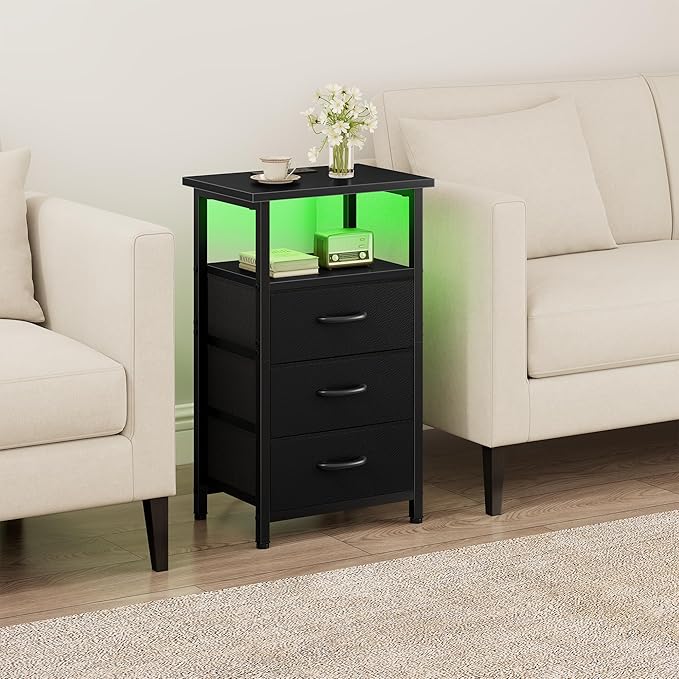 Vagusicc Night Stand with Charging Station, LED Nightstand for Bedroom, Bedside Table with 3 Fabric Drawers, End Table Side Table with USB Ports and Outlets, Bed Side Table for Bedroom, Black