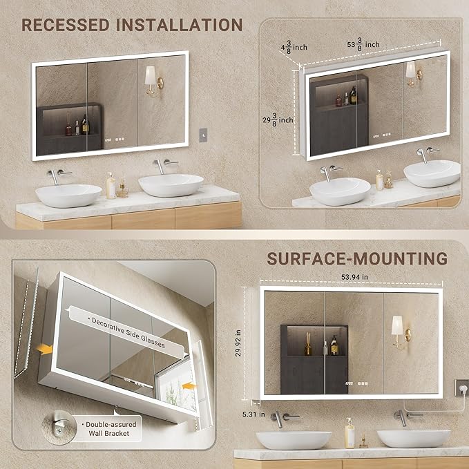 54x30 Lighted Medicine Cabinet with Mirror, Recessed or Surface LED Medicine Cabinet with Outlet&Clock, Adjustable Shelves,3 Color Dimmable, Anti-Fog, Built-in Auto-Sensing Light