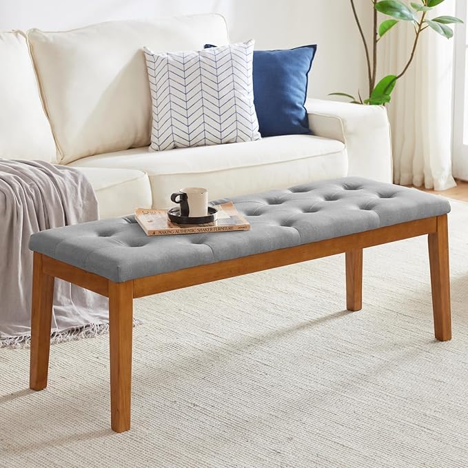 Ottoman Bench Upholstered Padded Seat with Solid Wood Legs and Button-Tufted, Big Oversized Ottoman, Linen Grey