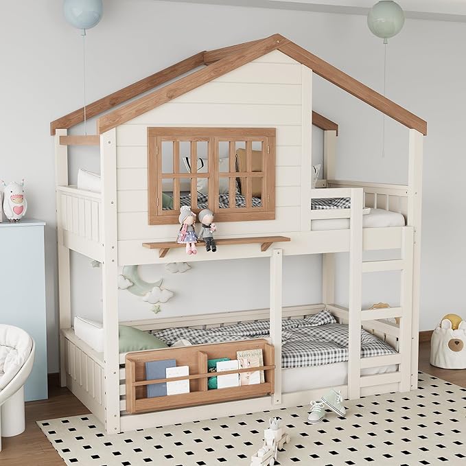 Twin Size House Bunk Bed Frame with Storage Bookshelf, Window, Wooden Floor Bunk Bed with Fences, Space Saving for Kids Adults, No Noise, Beige