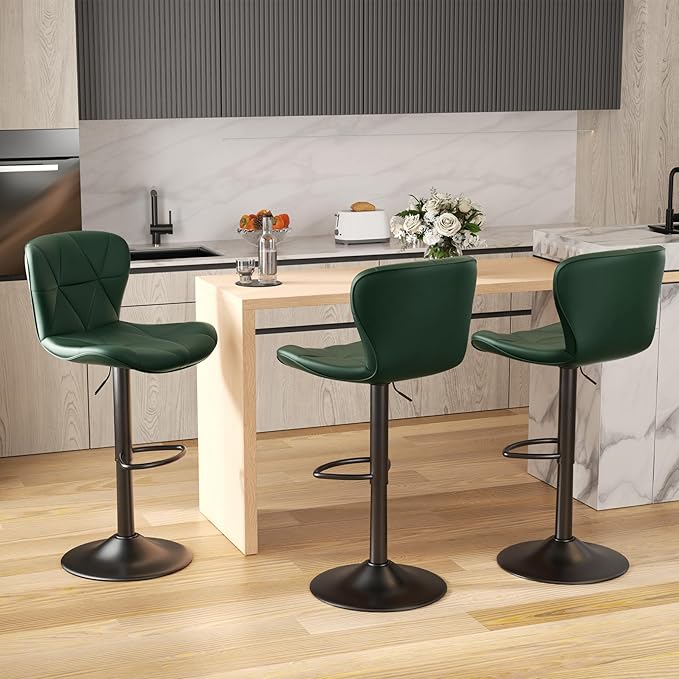 Nalupatio Modern Bar Stools Set of 3, Adjustable Faux Leather Upholstered Swivel Bar Stools, Counter Height Bar Chairs with Back for Kitchen Island, Green