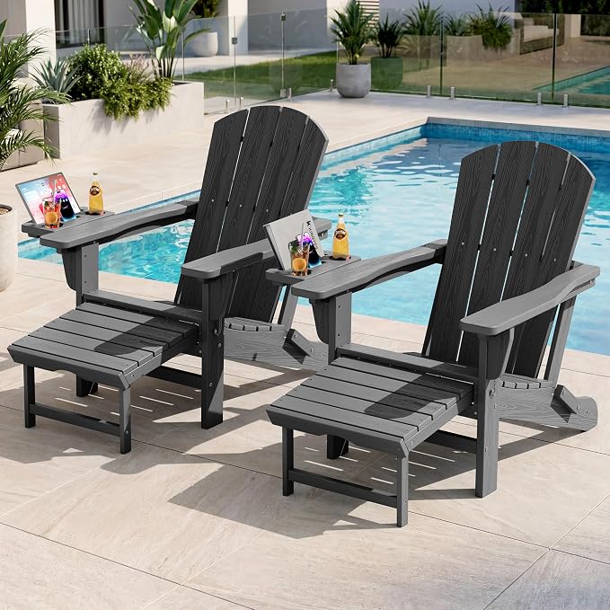 KINGYES Adjustable Folding Adirondack Chair with Footrest & 4-in-1 Multi-Functional Armrest Organizer Set of 4, HDPE Foldable Recliner Adirondack Chair with Pull-Out Ottoman, Grey