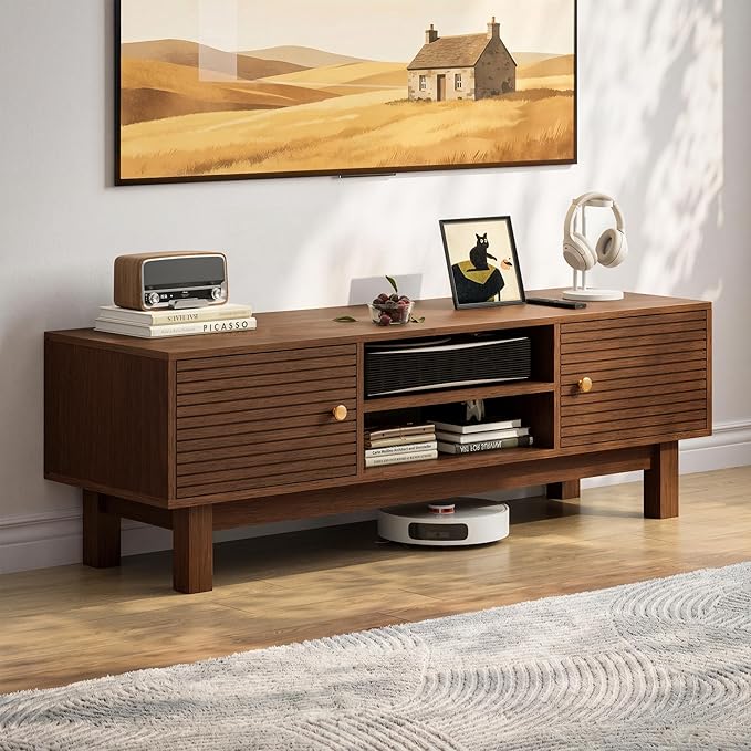 YOSHOOT Mid Century TV Stand for 55 inch TVs, Modern Entertainment Center with Storage Cabinets, Solid Wood Media Console with Open Shelves for Living Room & Bedroom, Antique