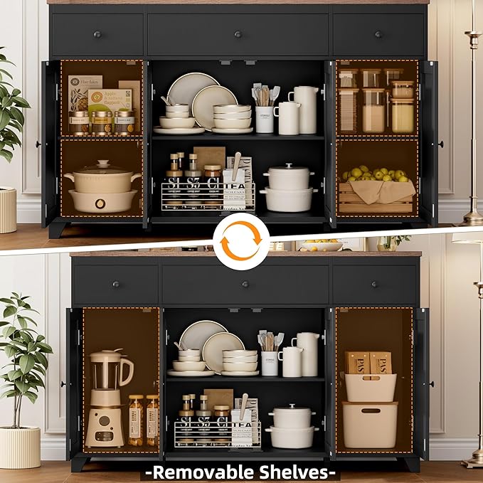 HIFIT 55" Large Kitchen Buffet Cabinet with Storage Drawers, Farmhouse Sideboard Buffet Table Storage Cabinet with Doors and Shelves, Wood Coffee Bar Cabinet for Kitchen Dining Living Room, Black