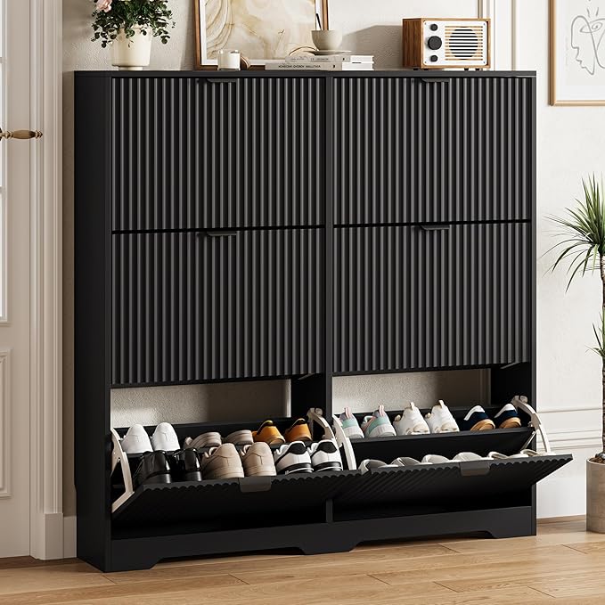 HUANLEGO Shoe Cabinet Storage for Entryway with 6 Flip Drawers, Black Fluted Shoe Cabinet with Adjustable Shelves, Wooden Hidden Shoe Rack Freestanding Narrow Slim Shoes Storage for Hallway, Entrance