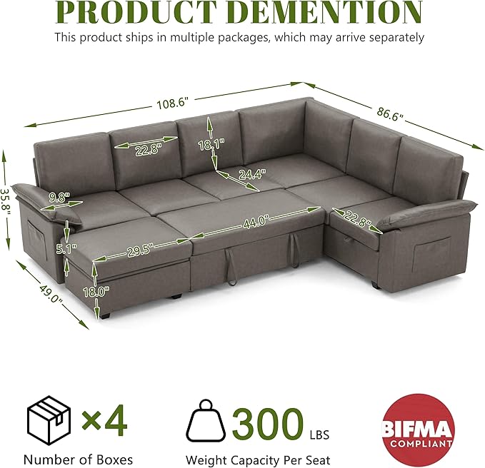108 Inch Faux Leather Modular Sectional Sofa with Pull Out Bed,U Shaped 7 Seat Sectional Sleeper Sofa with Storage,Sectional Couches for Living Room,Cloud Modular Couch,Gray Leather