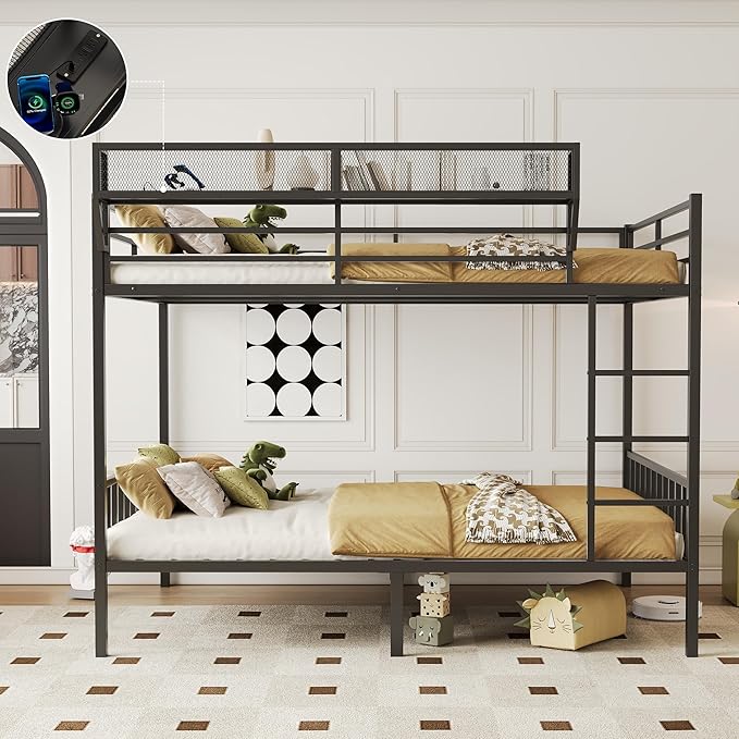 Queen Over Queen Metal Bunk Bed with Storage Shelf Built-in USB Port, Heavy Duty Queen Size Bed Frame w/Full-Length Guardrail & Ladder, Noise-Free & Stable,No Box Spring Needed